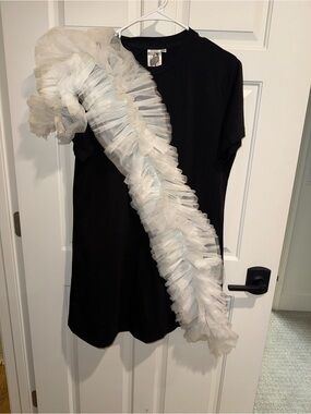 QUEEN OF SPARKLES Black Dress with White Tulle Ruffle Sash